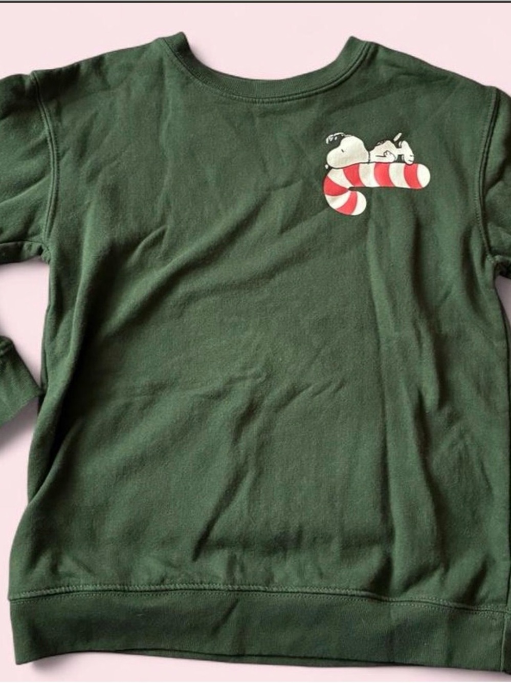 Peanuts Green Kids Sweatshirt with Snoopy Candy Cane Accent